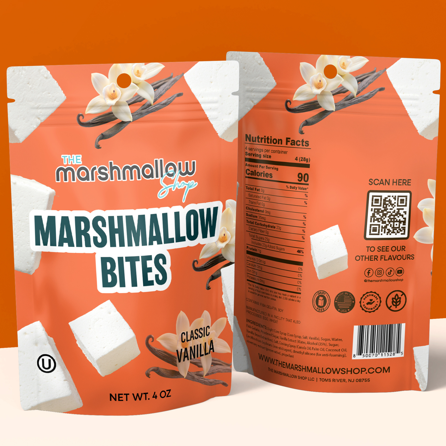 Orange packaging of Marshmallow Bites with vanilla flavor details on a white background