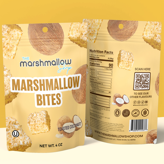 Marshmallow bites packaging with 'The Marshmallow Shop' branding on a yellow background